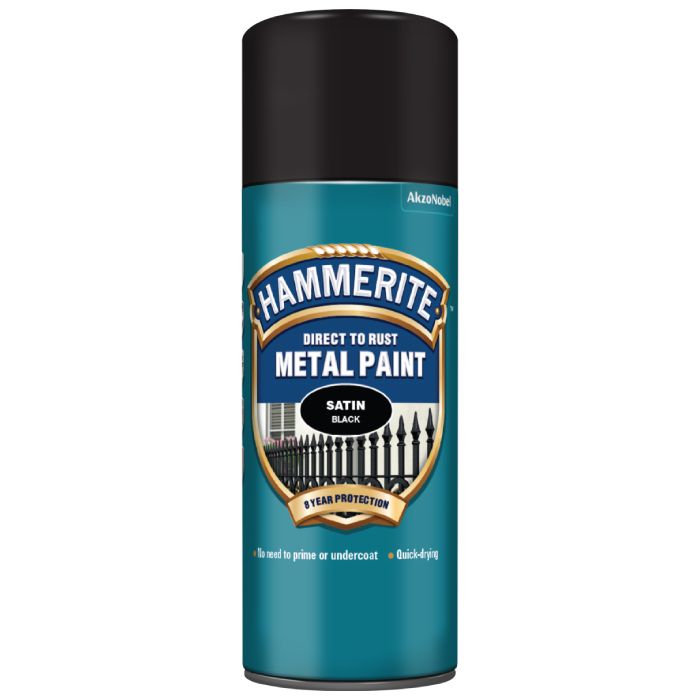 Hammerite Satin Direct To Rust Metal Paint Aerosol Black 400 ml