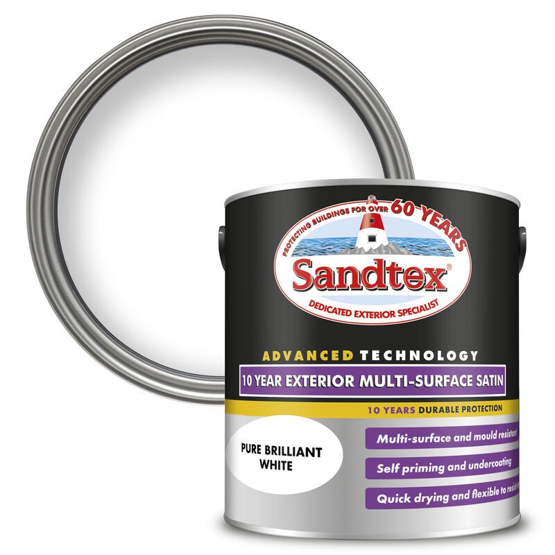 Sandtex 10 Year Exterior Satin Multi Surface Paint - Pure Brilliant White
