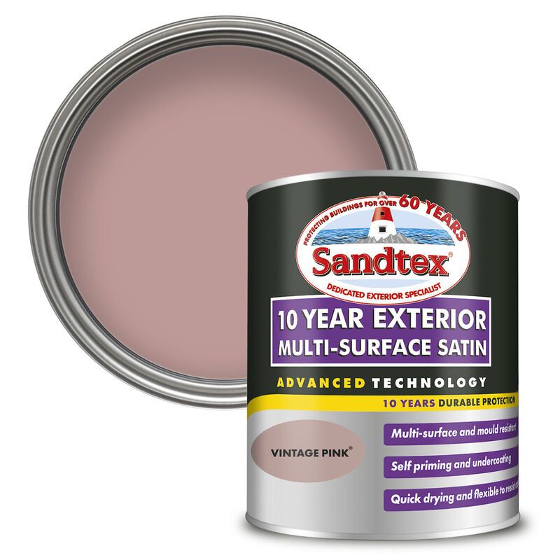 Sandtex 10 Year Exterior Satin Multi Surface Paint - Vintage Pink - 750ml
