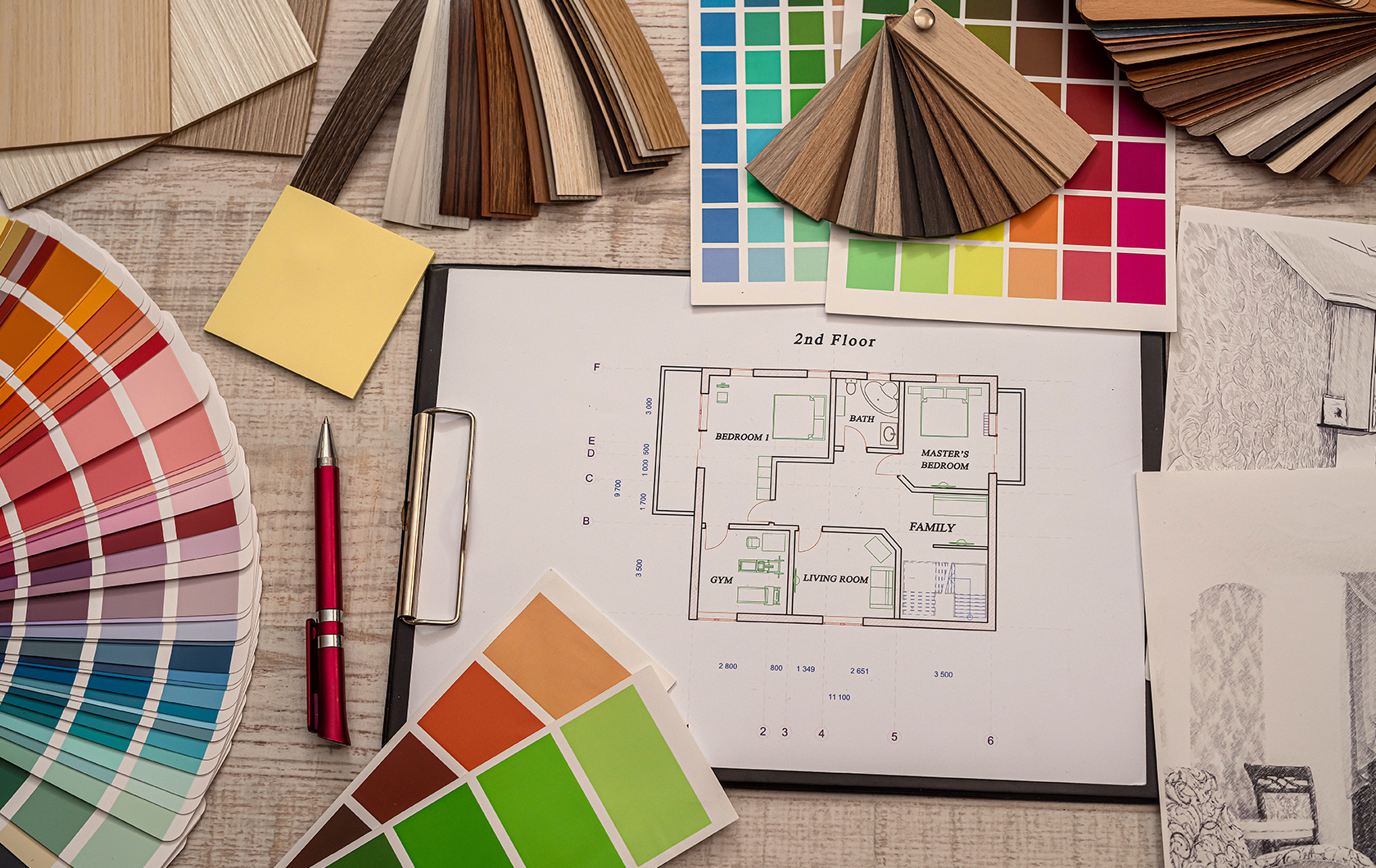 paint colour cards and floor plan of a house