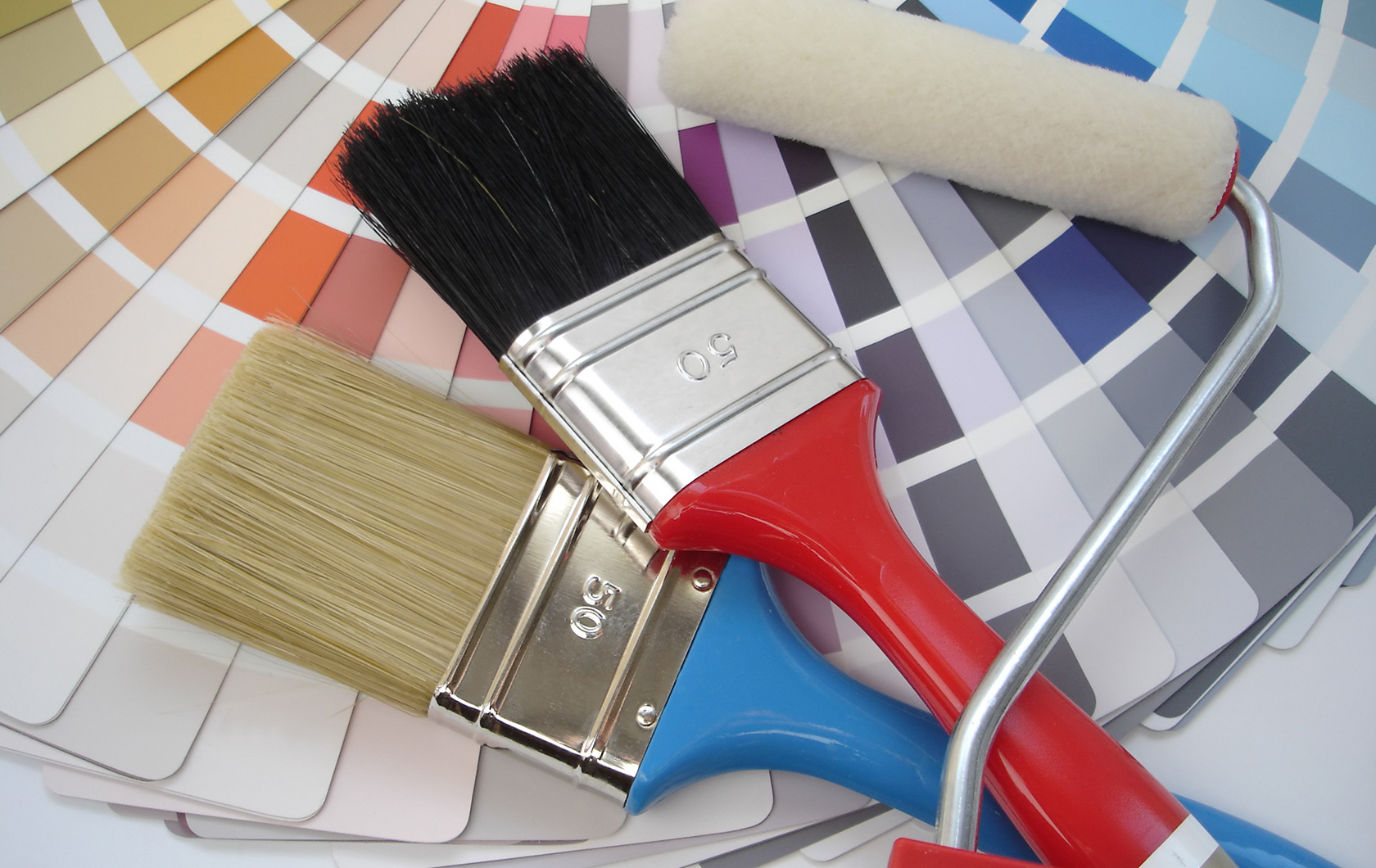 paint brush roller and colour swatches